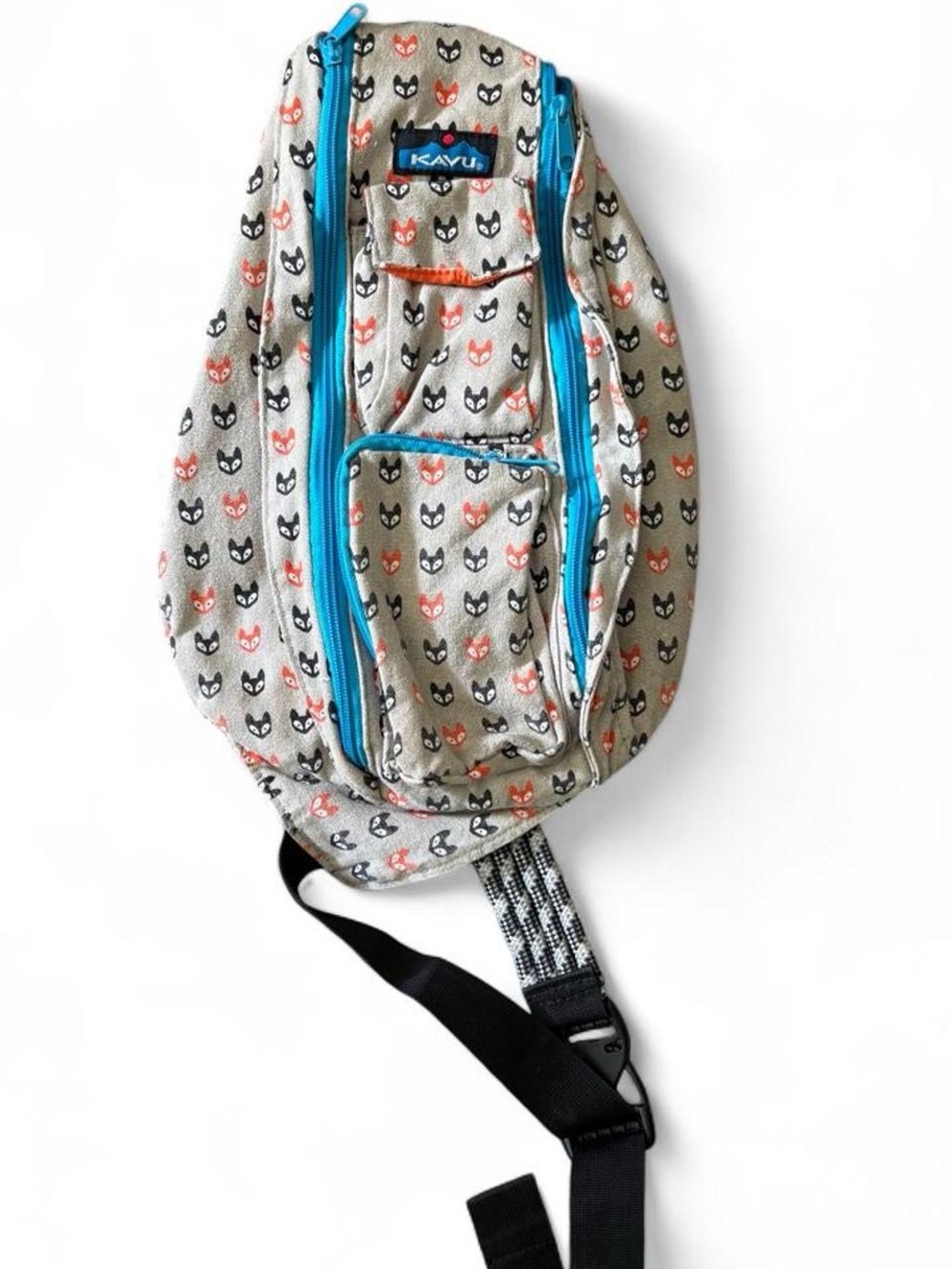 Kavu Fox Print Sling Bag with Aqua Zippers